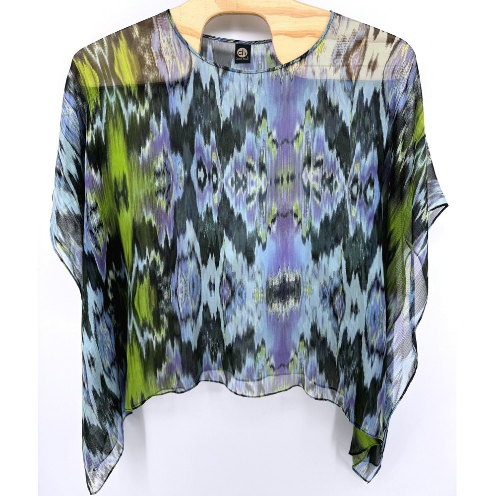 Cocoon House Silk Poncho Top Women L/XL Blue Green Ikat Abstract Sheer Layering